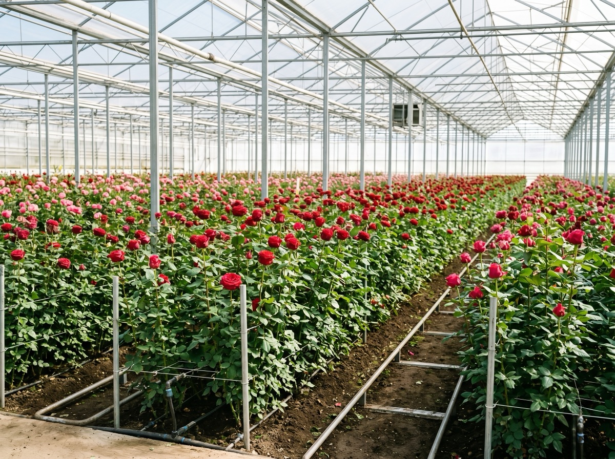 Rows of roses growing in an Ecuagarden greenhouse in the Andes