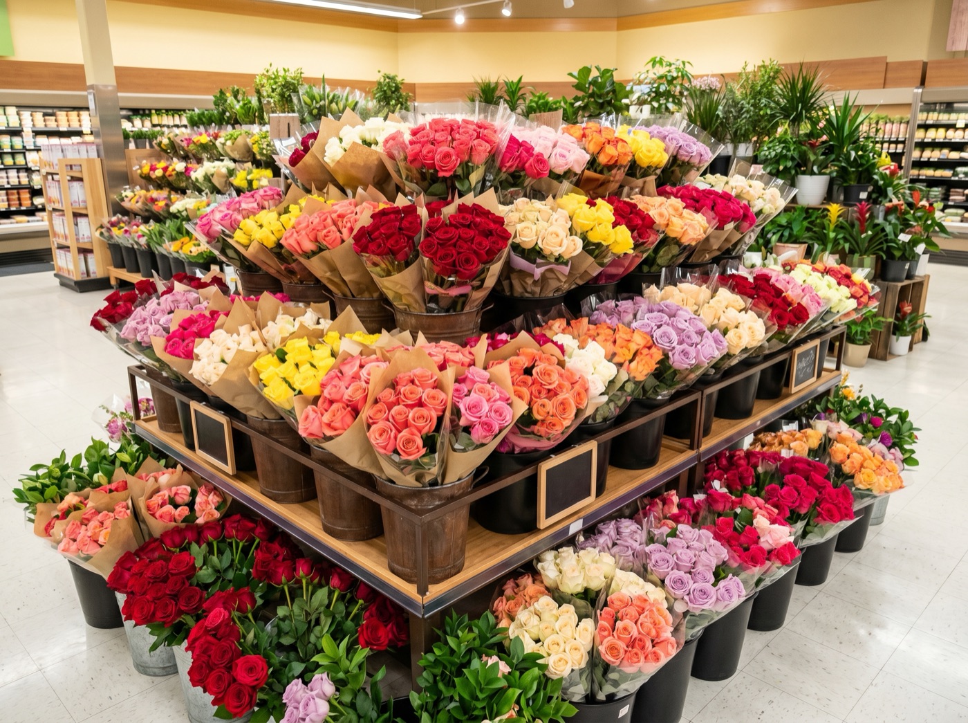 A full supermarket floral display merchandised with fresh rose bouquets