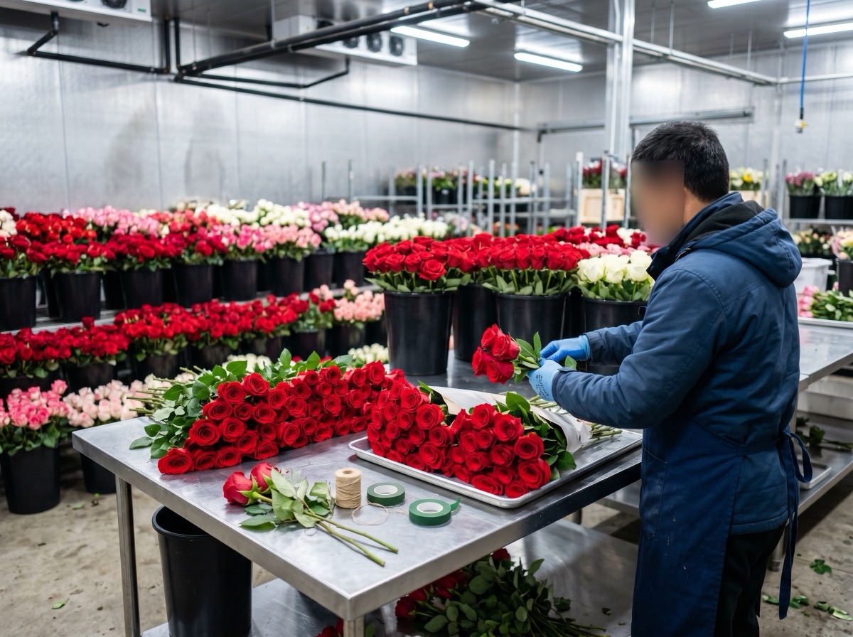 Fresh roses being graded and bunched in the Davie, Florida cold room